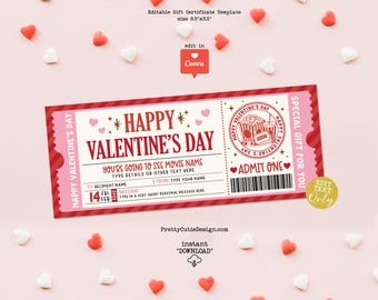 Editable Valentine's Day Movie Night Gift Certificate Template, Surprise Movie Gift Ticket, Digital Download Valentine's Day Gift Coupon