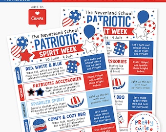 Editable Patriotic Spirit Week Flyer, 4th Of July Themed School Newsletter, Canva Template, Stars & Stripes Red White Blue, Instant Download