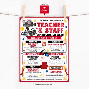 May include: A red and white poster for Teacher & Staff Appreciation Week, featuring movie-themed graphics like a film reel, clapperboard, and popcorn. The poster lists daily events from May 8-12, including a red carpet kickoff and popcorn bar.