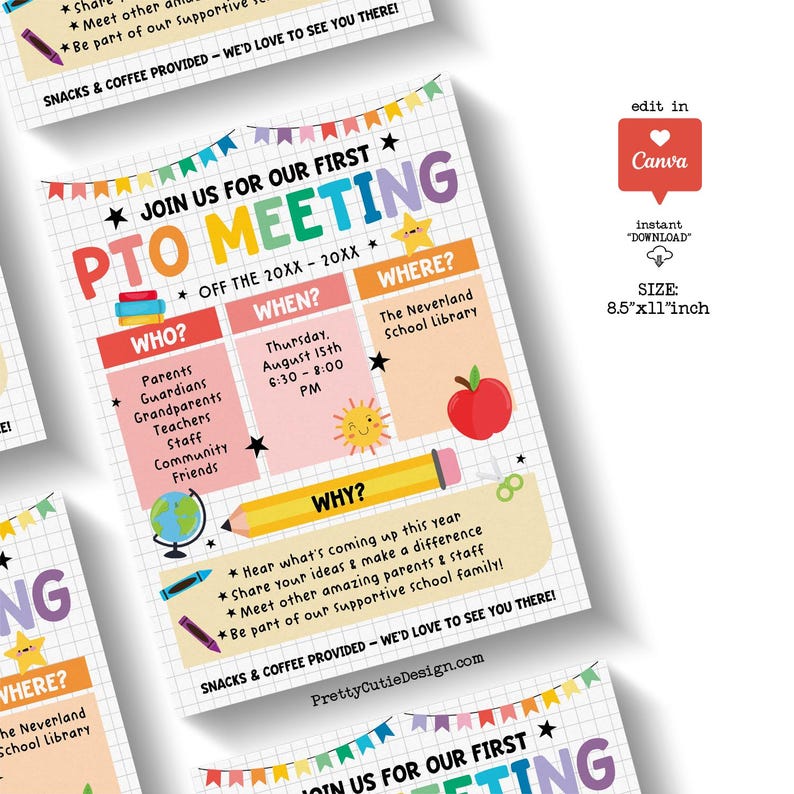 Printable school PTO PTA bundle with editable membership form, first meeting flyer, recruitment poster, and calendar of events. Bright rainbow design and fun school graphics. Instant Canva download.