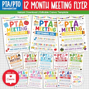 PTA PTO Meeting Flyer Bundle Printable, Editable 12 Month School Meeting Newsletter Canva Template, Parent Teacher Monthly Event Sign