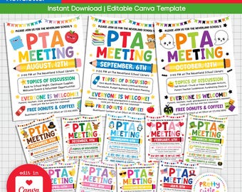 PTA PTO Meeting Flyer Bundle Printable, Editable 12 Month School Meeting Newsletter Canva Template, Parent Teacher Monthly Event Sign