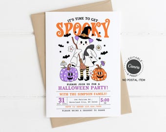 Halloween Party Invitation Printable, Cute Ghost and Pumpkins Invite, Editable Canva Template, Spooky Kids Birthday or Costume Party Card