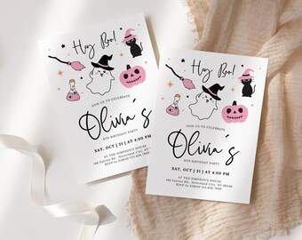 Editable Halloween Ghost Birthday Invitation for Girl, Cute Pink Witch Digital Invite, Printable Spooky Halloween Party Card Canva Template