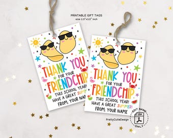 Thank You for Your Friendchip Gift Tags, Last Day of School Printable Summer Tags for Students Friends Teachers, End of Year Treat Labels