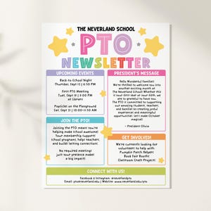 Pode incluir: Um boletim informativo escolar intitulado The Neverland School PTO Newsletter com texto colorido e gráficos de estrelas. Inclui seções para próximos eventos, mensagem do presidente e informações de contato da escola.