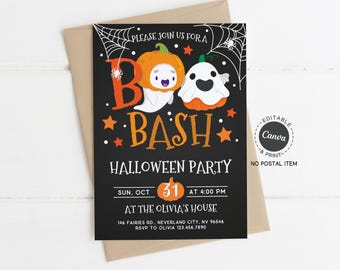 Boo Bash Halloween Party Invitation: Ghost & Pumpkin, Editable Canva Template (5x7" Printable Card)