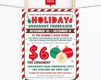 Holiday Ornament Fundraiser Flyer, Canva Template, School PTO Christmas Poster