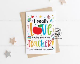 Teacher Appreciation Week Card Printable, Cute Thank You Card for Teacher with Apple, End of Year Gift, Instant Download for Students