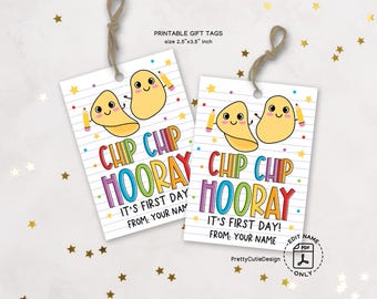 Chip Chip Hooray First Day of School Gift Tags Printable, Back to School Snack Favor Tags, Potato Chips 1st Day of School Treat Bag Tags
