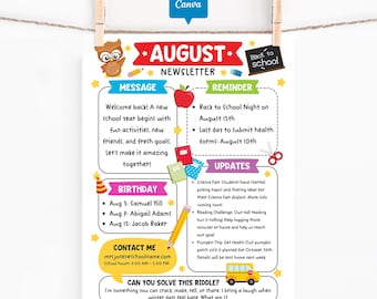 August Classroom Newsletter Template Canva, Editable Monthly School Newsletter Flyer, Parent Communication Back to School Updates