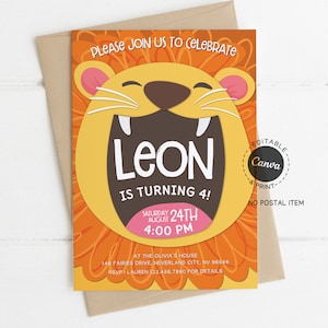 Faire-part d'anniversaire Lion pour enfants, invitation à une fête d'animaux sauvages, thème safari dans la jungle, carte 4e anniversaire à imprimer, faire-part d'anniversaire zoo