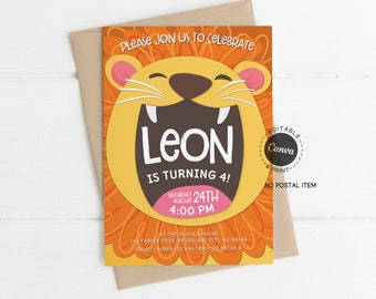 Lion Birthday Invitation for Kids, Wild Animal Party Invite, Jungle Safari Theme, Printable 4th Birthday Card, Zoo Birthday Invitation