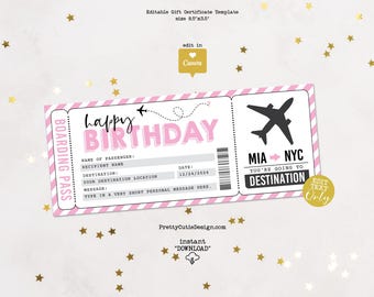 Birthday Boarding Pass Gift Certificate Template, Travel Theme Ticket, Printable Airline Voucher, Editable Canva Birthday Gift