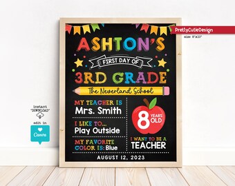 First Day of School Sign, Editable and Reusable Back to School Sign Template, Colors of The Rainbow First Day of 3rd Grade Chalkboard Sign