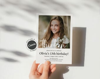Photo 13th Birthday Invitation for Girl, Printable Teen Birthday Party Invite, Minimalist Birthday Card with Picture, Tween Girl Invite