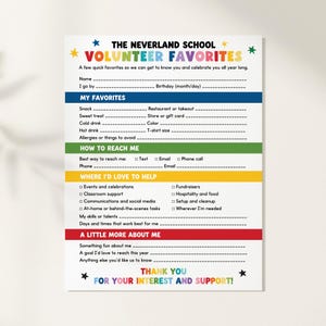 Puede incluir: Un cuestionario de voluntariado en papel blanco titulado The Neverland School Volunteer Favorites con texto colorido y estrellas. El formulario incluye secciones para datos personales, aperitivos favoritos, métodos de contacto e intereses de voluntariado.