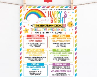 Teacher Appreciation Week Itinerary Flyer Template, Happy & Bright School Teacher and Staff Appreciation Flyer Editable Itinerary Schedule
