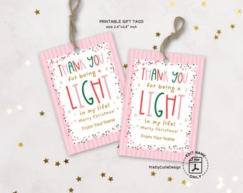Teacher Christmas Gift Tags, Thank You Light, Pink Printable Holiday Labels