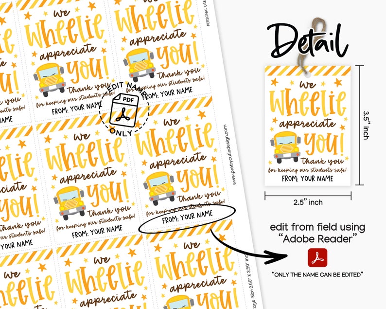 School Bus Driver Appreciation Tag Printable, We Wheelie Appreciate You Bus Driver Thank You Tags, Bus Driver Gift Tag, Bus Driver Thanks