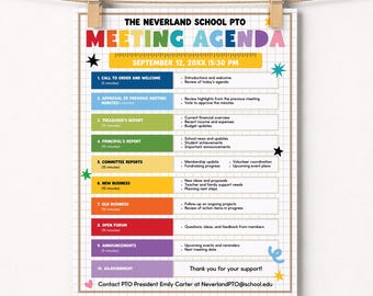 Editable PTO PTA Meeting Agenda, School Organization Canva Template