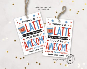 Printable CRNA Week Gift Tags, Certified Registered Nurse Anesthetist Appreciation Treat Bag Tags, CRNA Thanks a Latte Coffee Gift Tags