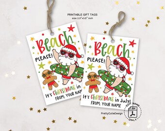 Christmas in July Gift Tags, Santa Beach Tag Printable, Funny Holiday Tags, Summer Santa Pool Party Favor, Beach Please Tag Download