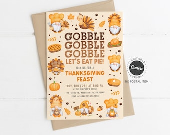 Thanksgiving Feast Invitation: Turkeys, Gnomes, and Pie (Editable Canva Template)