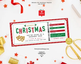 Editable Christmas Broadway Show Surprise Gift Ticket Voucher, Broadway Reveal Gift Ticket Coupon, Holiday Musical Gift Certificate Template