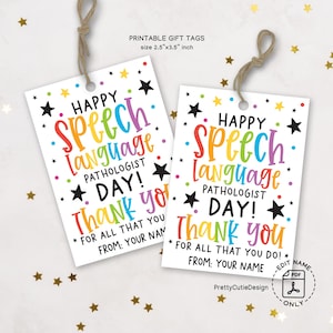 Spraaktaal patholoog dag cadeaulabel afdrukbaar, regenboog SLP waarderingslabel, SLP bedankje cadeaulabel voor logopedist downloaden