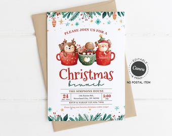Christmas Brunch Invitation Template, Illustrated Hot Cocoa Mugs, Editable Canva, 5x7 Printable