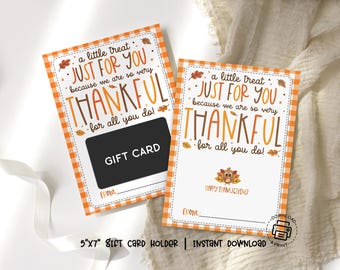 Thanksgiving Gift Card Holder Printable: Thankful Treat Card for Coworker Appreciation, Staff Party Favor