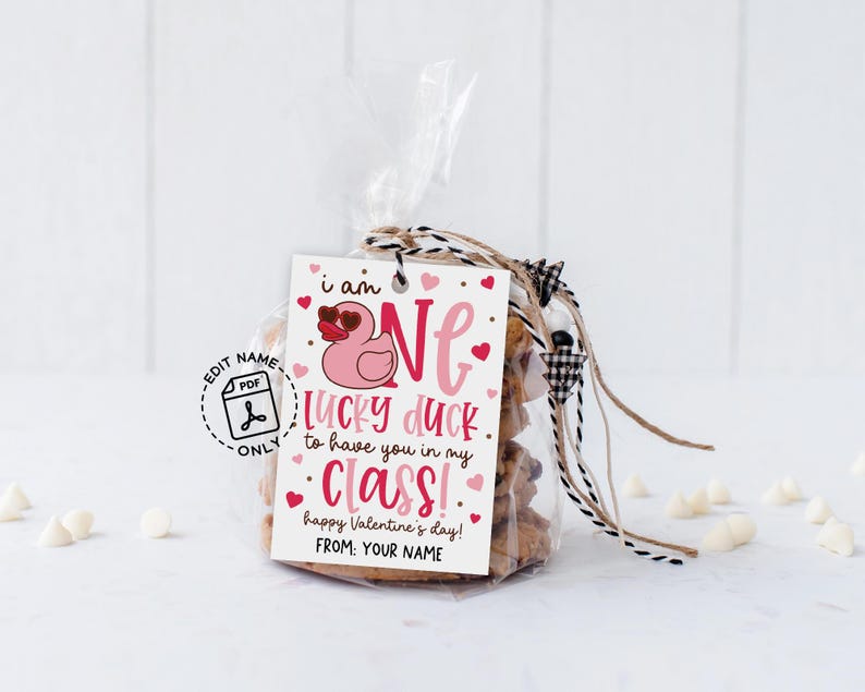 Printable Valentine treat bag tag with a duck pun, pink hearts, and fun modern fonts, designed so teachers or parents can personalize with their name, then print, cut, and secure to classroom favor bags for students, friends, or classmates on Valentine’s Day.