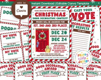Christmas Door Decorating Contest Kit, Canva Template, Classroom Voting Cards, Awards, Instant Download