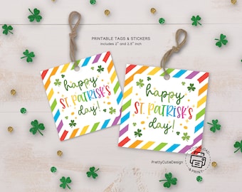 St. Patrick’s Day Gift Tags Printable, Rainbow Shamrock Treat Favor, Classroom Party
