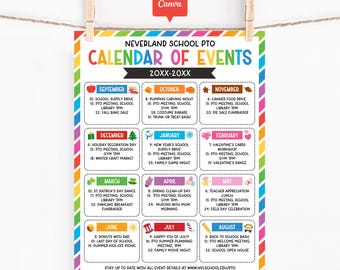 School PTO PTA Yearly Events Calendar Template, Editable Monthly School Planner Canva, Printable School Parent Organization Newsletter