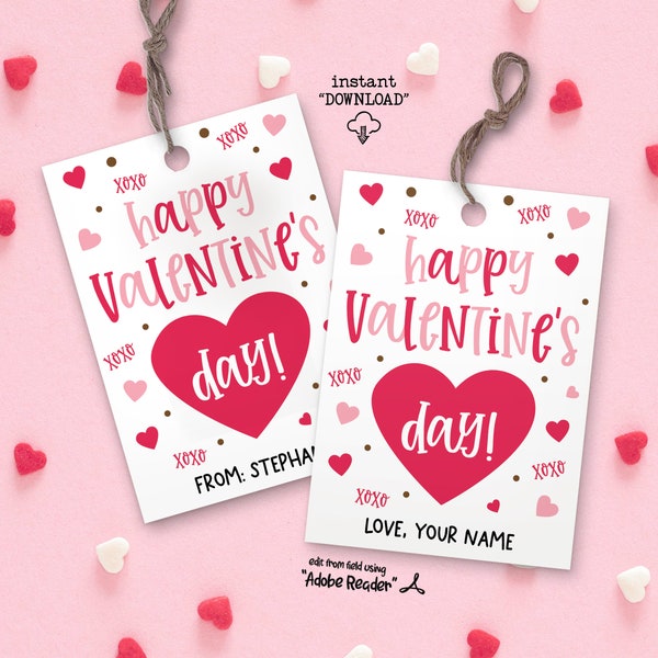 Happy Valentine's Day Gift Tag, Pink Valentine's Day Heart Tag XOXO Valentines Gift Tag Printable, Classroom Valentine's Day Teacher Tag