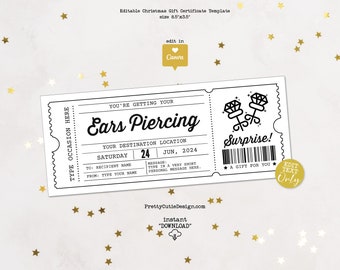 Ear Piercing Gift Certificate Template Printable Surprise Ticket, Ear Piercing Voucher Editable Ticket Surprise Birthday Gift For Teens