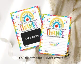 School Is Out Summer Is Here Gift Card Holder, End of Year Teacher Gift, Rainbow Thank You Printable, Last Day of School Card