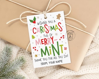 Christmas Gift Tags, Merry-Mint Printable, Peppermint Appreciation Labels for Coworkers and Teachers