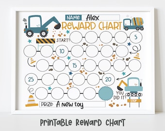 Blue Construction Truck Reward Chart for Kids, Simple Kids Reward Chart, Diggers Sticker Chart - INSTANT DOWNLOAD