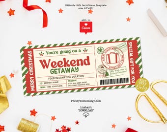 Weekend Getaway Ticket, Surprise Trip Reveal Voucher, Printable Travel Gift Coupon, Canva Template