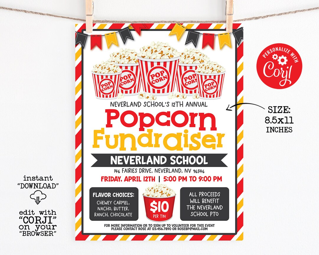 Editable Popcorn Fundraiser Flyer Template School Benefit Etsy Canada