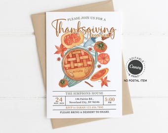 Thanksgiving Dinner Invitation Template: Printable Fall Party Invite with Pumpkin Pie Design