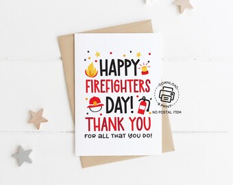 Happy Firefighters Day Card Printable, Firefighter Thank You Card, Firefighter Appreciation Greeting Card, Fire Truck Card Instant Download