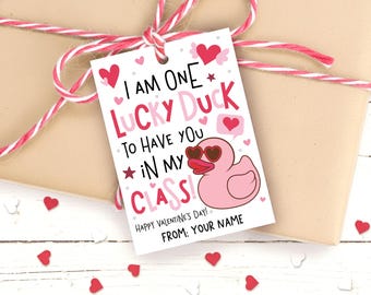 Rubber Duck Valentine Tags, Lucky Duck Gift Label, Kids Non Candy Favor, Digital Download