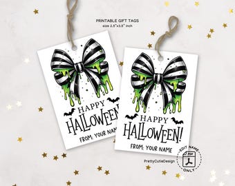 Gothic Slime Bow Halloween Gift Tags, Spooky Treat Labels (Digital Download)