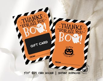 Thanks for All You Boo Gift Card Holder Printable, Halloween Teacher Appreciation Gift, Ghost Theme Gift Card Envelope, Cute Halloween Card