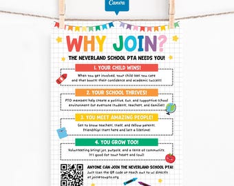 School PTA PTO Flyer Printable, Why Join Poster Canva Template, Volunteer Recruitment Poster, Parent Teacher Group Editable School Event