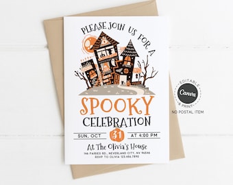 Halloween Party Invitation: Spooky Haunted House Canva Template (5x7" Printable Digital Download)